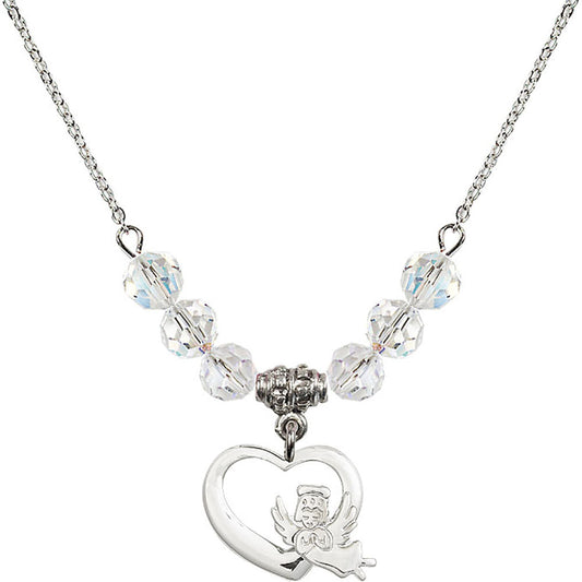 Sterling Silver Heart / Guardian Angel Birthstone Necklace with Crystal Beads - 4206