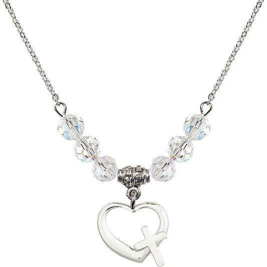 Sterling Silver Heart / Cross Birthstone Necklace with Crystal Beads - 4207