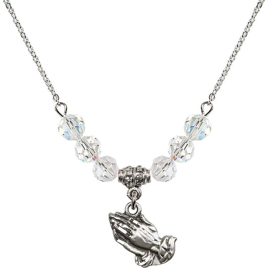 Sterling Silver Praying Hands Birthstone Necklace with Crystal Beads - 4219