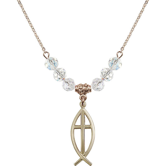 14kt Gold Filled Fish / Cross Birthstone Necklace with Crystal Beads - 4252