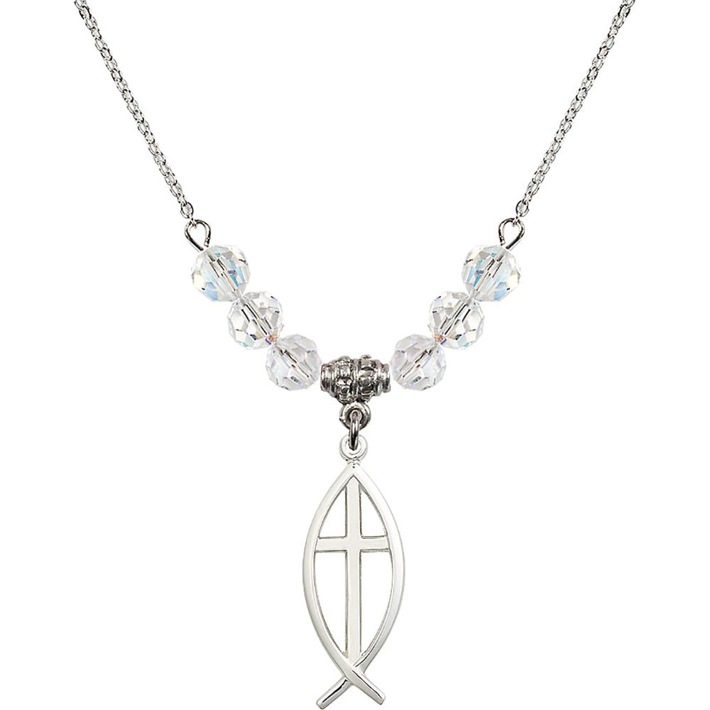 Sterling Silver Fish / Cross Birthstone Necklace with Crystal Beads - 4252