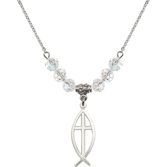 Sterling Silver Fish / Cross Birthstone Necklace with Crystal Beads - 4252