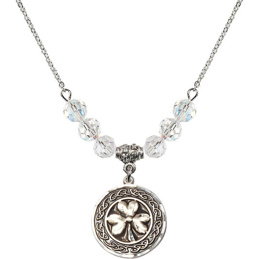 Sterling Silver Shamrock w/ Celtic Border Birthstone Necklace with Crystal Beads - 5106