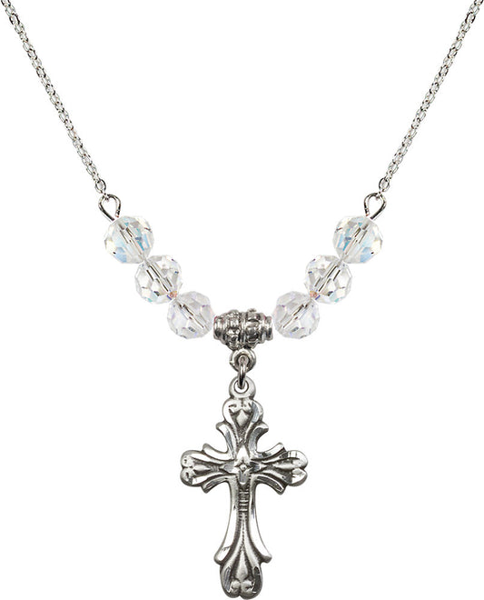 Sterling Silver Cross Birthstone Necklace with Crystal Beads - 5419