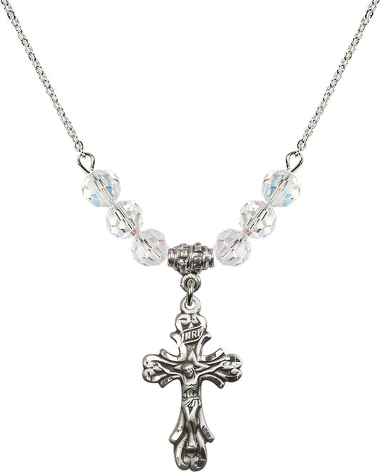 Sterling Silver Crucifix Birthstone Necklace with Crystal Beads - 5421