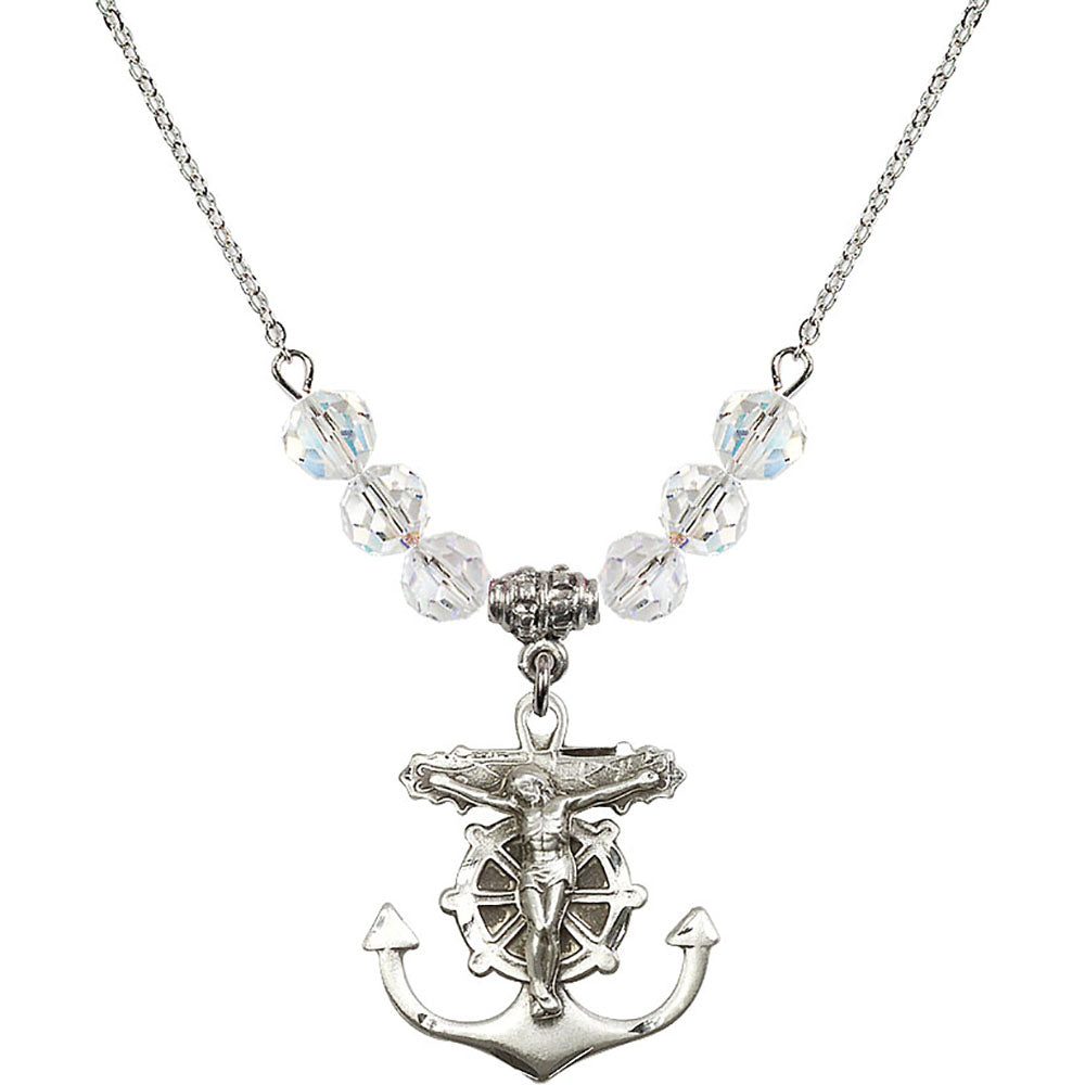 Sterling Silver Anchor Crucifix Birthstone Necklace with Crystal Beads - 5685