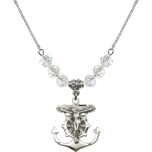 Sterling Silver Anchor Crucifix Birthstone Necklace with Crystal Beads - 5685