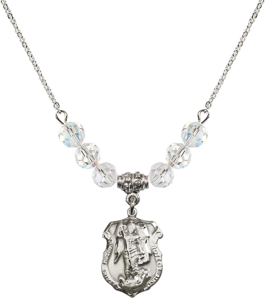 Sterling Silver Saint Michael the Archangel Birthstone Necklace with Crystal Beads - 5692