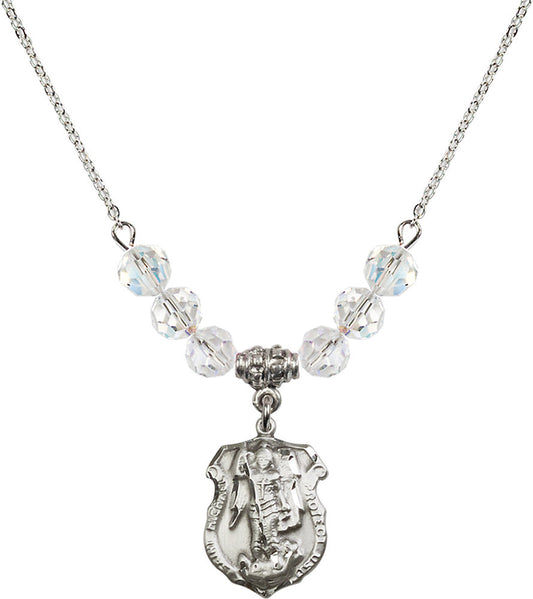 Sterling Silver Saint Michael the Archangel Birthstone Necklace with Crystal Beads - 5692