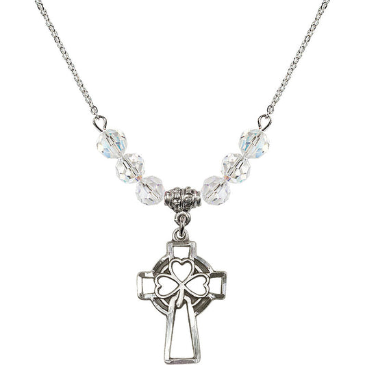 Sterling Silver Shamrock Cross Birthstone Necklace with Crystal Beads - 5999