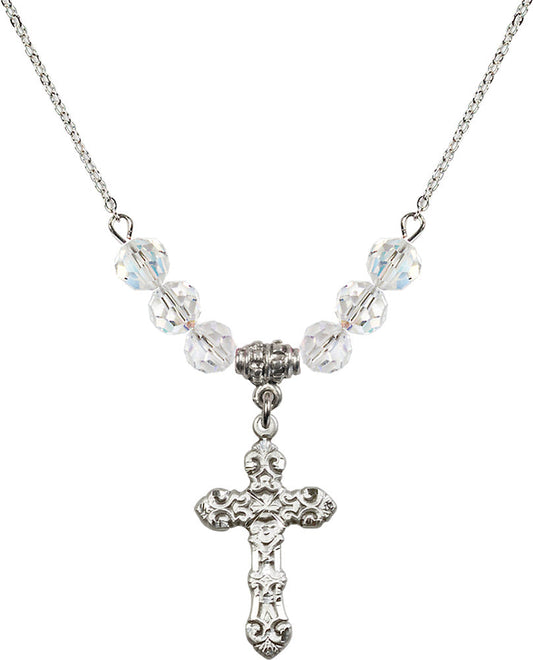 Sterling Silver Cross Birthstone Necklace with Crystal Beads - 6001