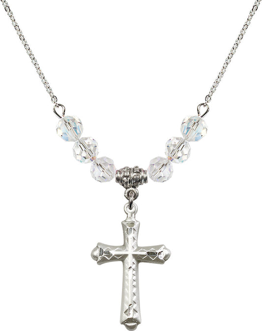 Sterling Silver Cross Birthstone Necklace with Crystal Beads - 6007