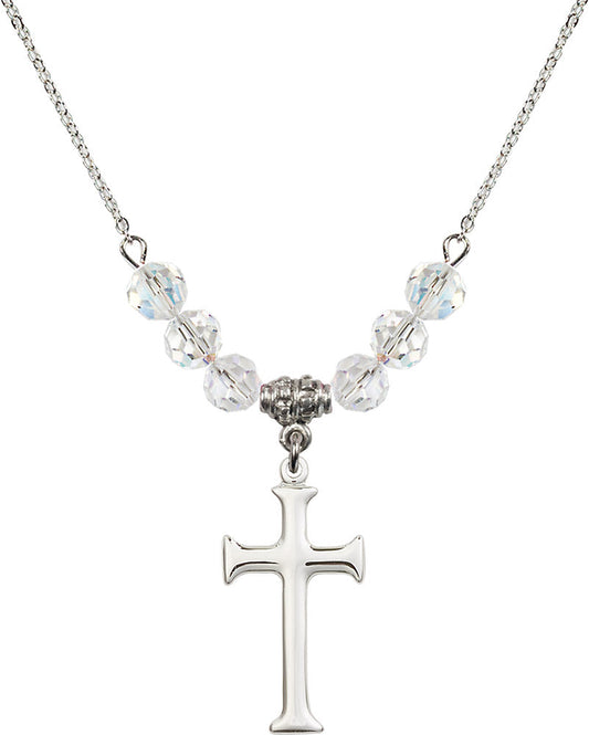 Sterling Silver Cross Birthstone Necklace with Crystal Beads - 6008