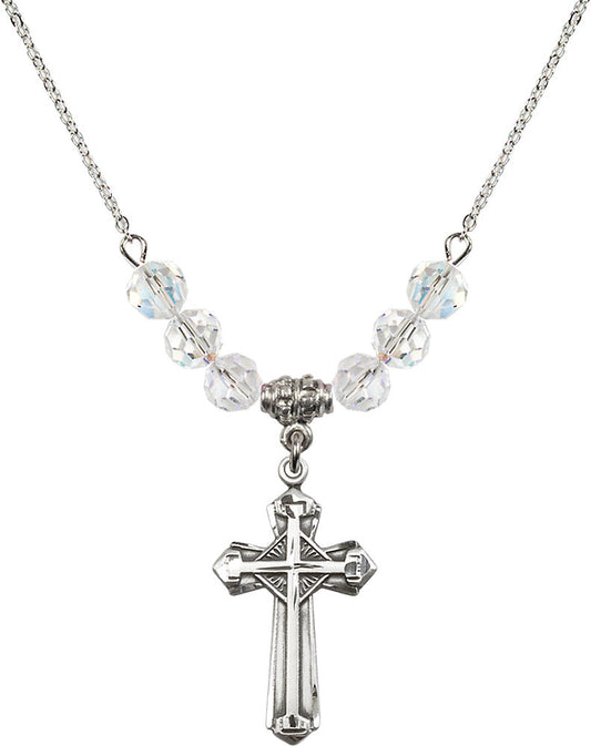 Sterling Silver Cross Birthstone Necklace with Crystal Beads - 6012