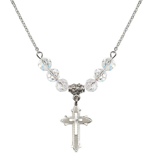Sterling Silver Cross on Cross Birthstone Necklace with Crystal Beads - 6058