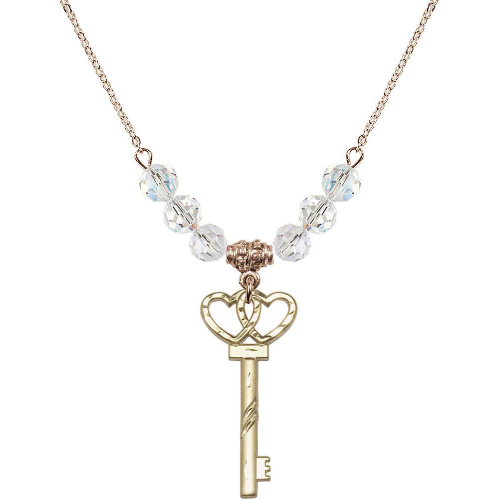 14kt Gold Filled Small Key w/Double Hearts Birthstone Necklace with Crystal Beads - 6213