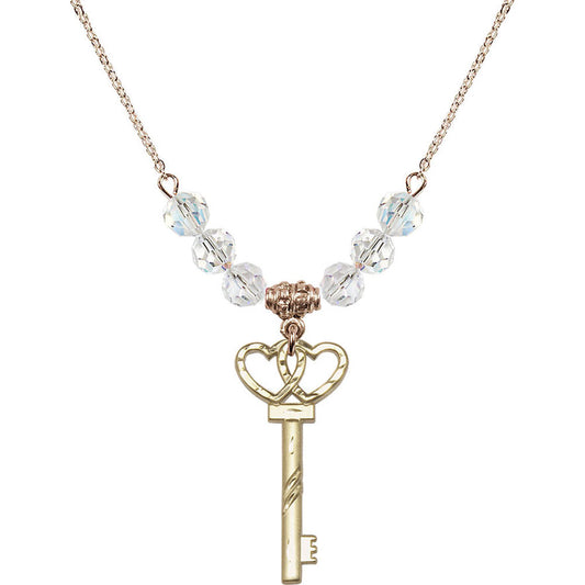 14kt Gold Filled Small Key w/Double Hearts Birthstone Necklace with Crystal Beads - 6213