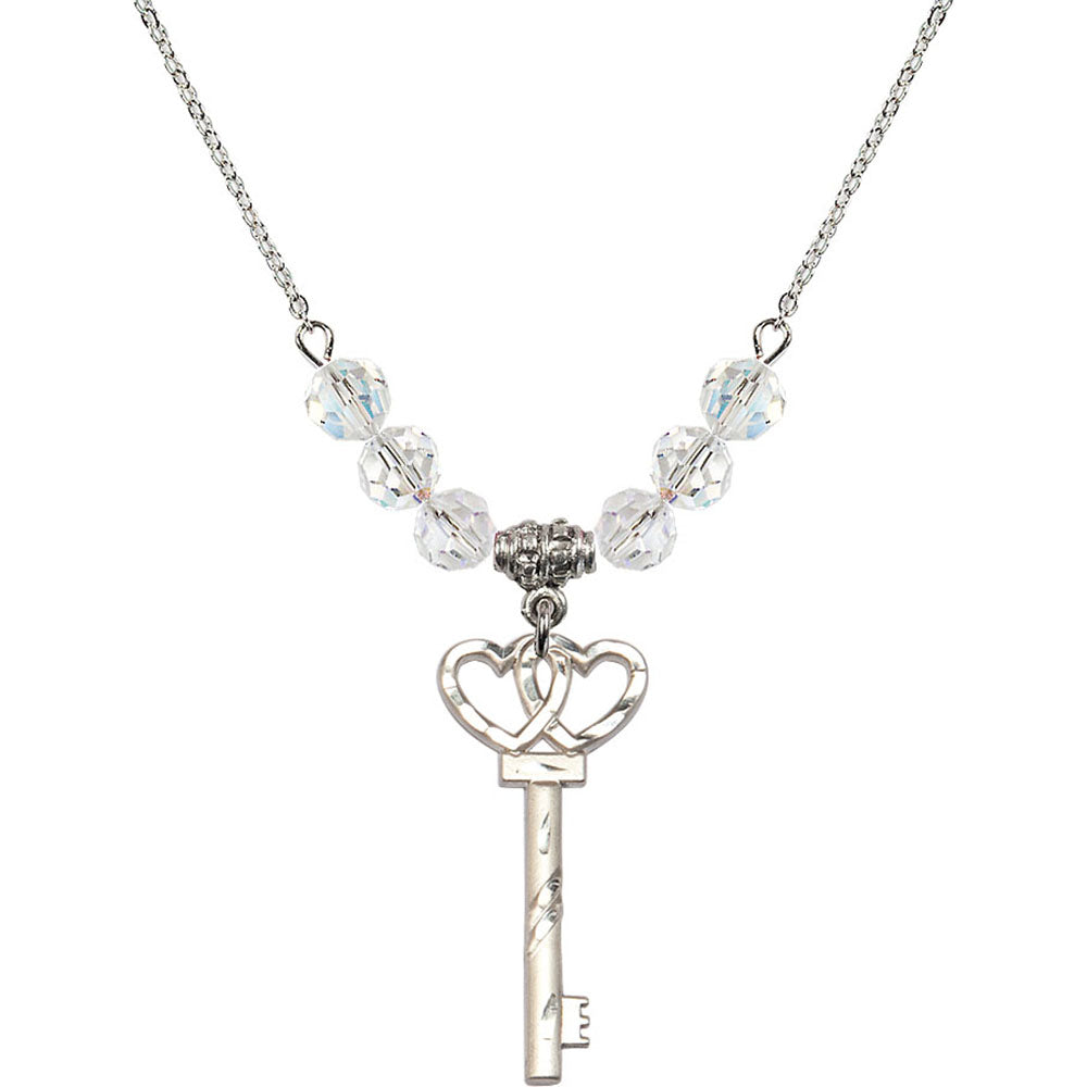 Sterling Silver Small Key w/Double Hearts Birthstone Necklace with Crystal Beads - 6213