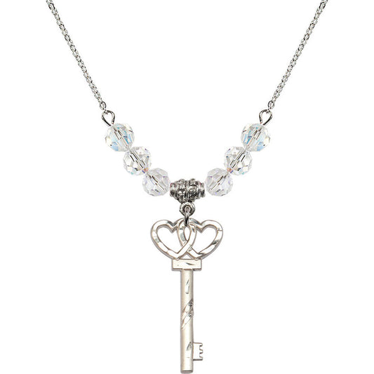 Sterling Silver Small Key w/Double Hearts Birthstone Necklace with Crystal Beads - 6213