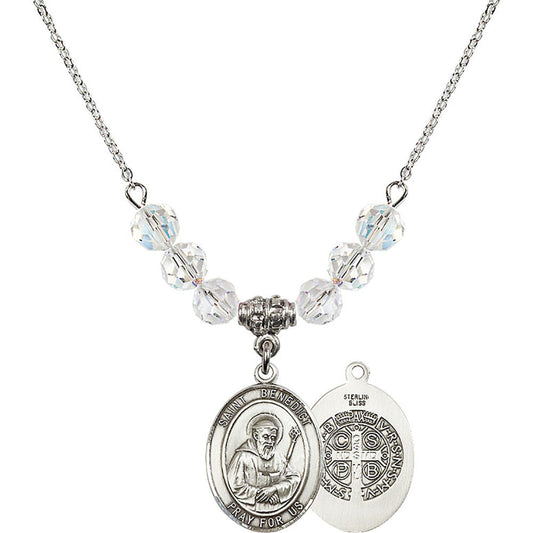 Sterling Silver Saint Benedict Birthstone Necklace with Crystal Beads - 8008