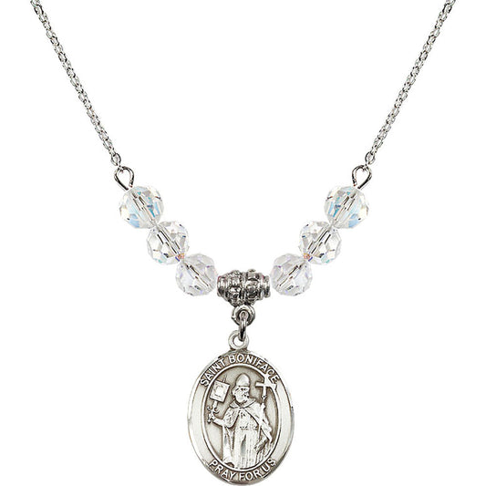Sterling Silver Saint Boniface Birthstone Necklace with Crystal Beads - 8009