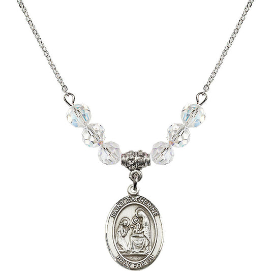 Sterling Silver Saint Catherine of Siena Birthstone Necklace with Crystal Beads - 8014
