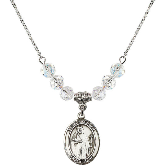 Sterling Silver Saint Brendan the Navigator Birthstone Necklace with Crystal Beads - 8018