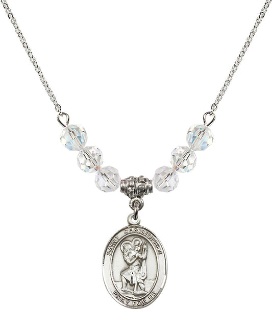 Sterling Silver Saint Christopher Birthstone Necklace with Crystal Beads - 8022