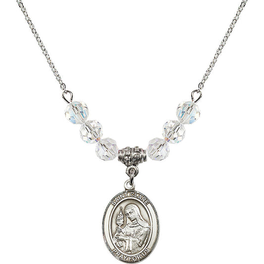 Sterling Silver Saint Clare of Assisi Birthstone Necklace with Crystal Beads - 8028