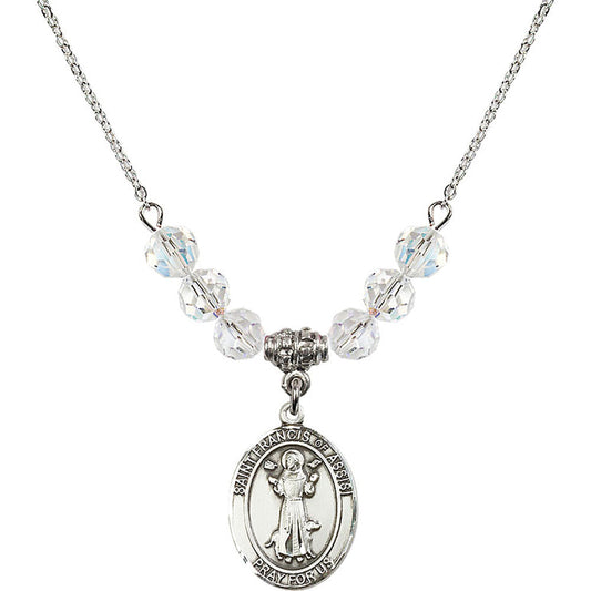 Sterling Silver Saint Francis of Assisi Birthstone Necklace with Crystal Beads - 8036