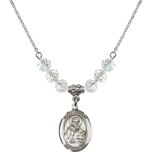 Sterling Silver Saint Isidore of Seville Birthstone Necklace with Crystal Beads - 8049