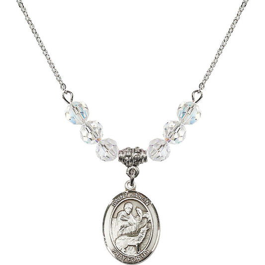 Sterling Silver Saint Jason Birthstone Necklace with Crystal Beads - 8051