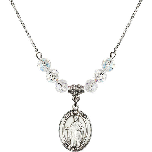 Sterling Silver Saint Justin Birthstone Necklace with Crystal Beads - 8052