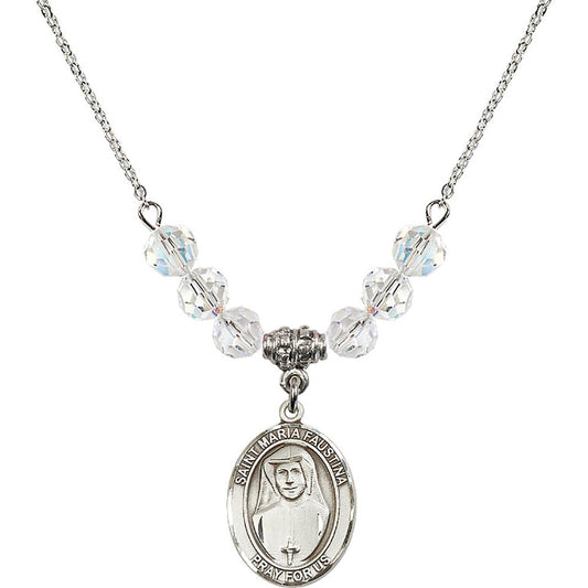 Sterling Silver Saint Maria Faustina Birthstone Necklace with Crystal Beads - 8069
