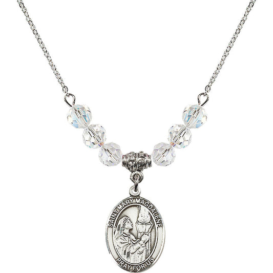 Sterling Silver Saint Mary Magdalene Birthstone Necklace with Crystal Beads - 8071