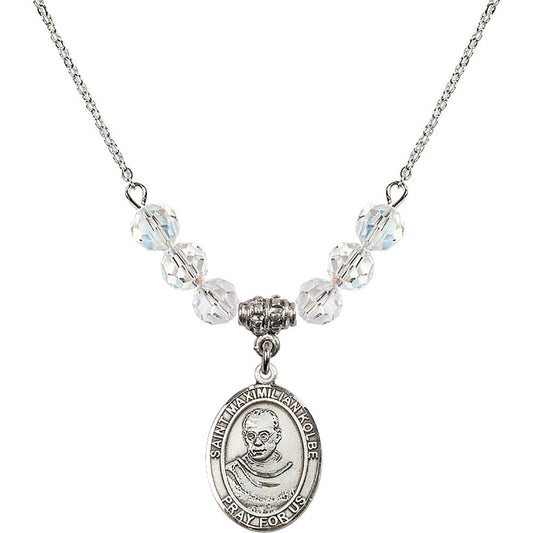 Sterling Silver Saint Maximilian Kolbe Birthstone Necklace with Crystal Beads - 8073