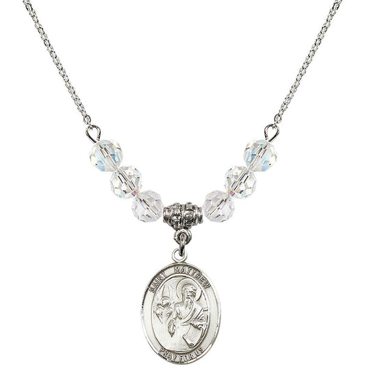 Sterling Silver Saint Matthew the Apostle Birthstone Necklace with Crystal Beads - 8074