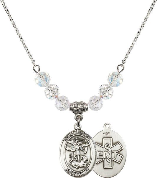 Sterling Silver Saint Michael / EMT Birthstone Necklace with Crystal Beads - 8076