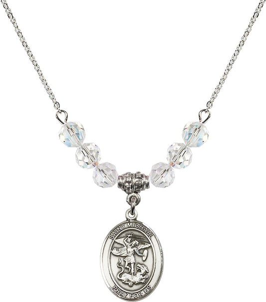 Sterling Silver Saint Michael the Archangel Birthstone Necklace with Crystal Beads - 8076