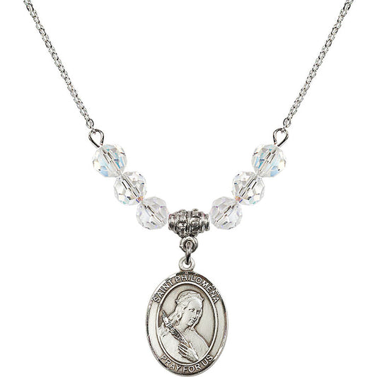 Sterling Silver Saint Philomena Birthstone Necklace with Crystal Beads - 8077