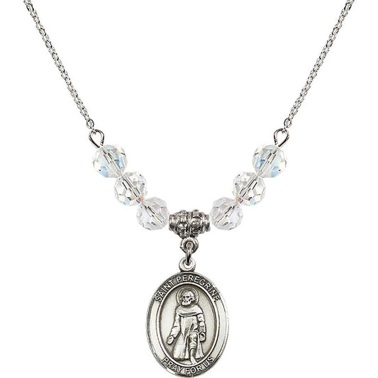Sterling Silver Saint Peregrine Laziosi Birthstone Necklace with Crystal Beads - 8088