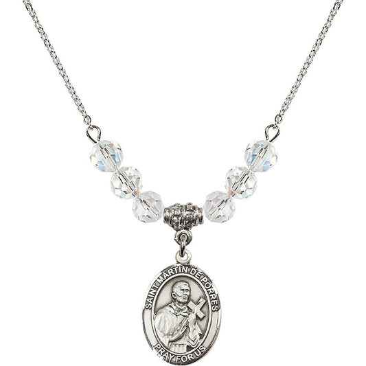 Sterling Silver Saint Martin de Porres Birthstone Necklace with Crystal Beads - 8089