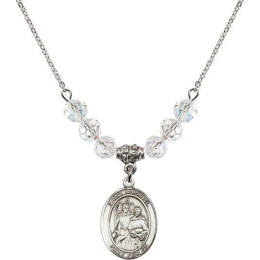 Sterling Silver Saint Raphael the Archangel Birthstone Necklace with Crystal Beads - 8092