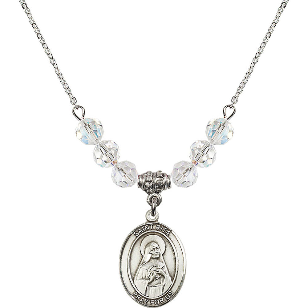 Sterling Silver Saint Rita of Cascia Birthstone Necklace with Crystal Beads - 8094