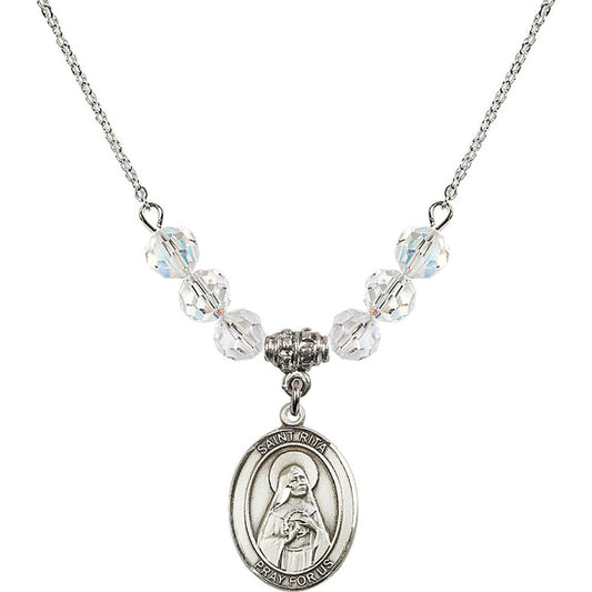 Sterling Silver Saint Rita of Cascia Birthstone Necklace with Crystal Beads - 8094