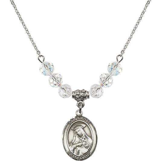 Sterling Silver Saint Rose of Lima Birthstone Necklace with Crystal Beads - 8095
