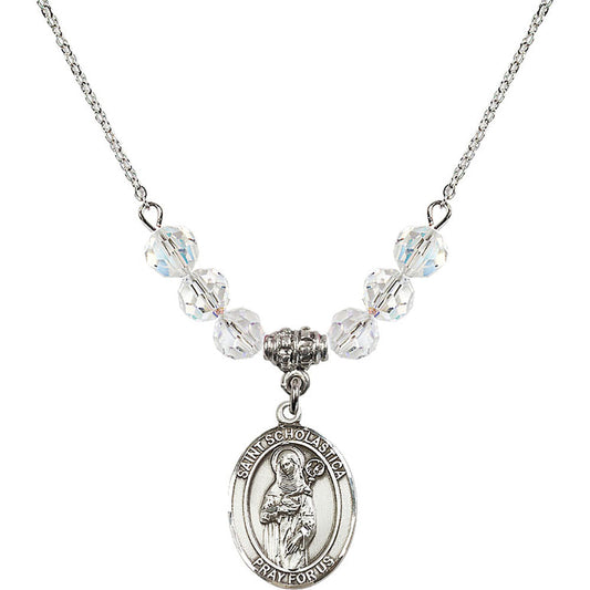 Sterling Silver Saint Scholastica Birthstone Necklace with Crystal Beads - 8099