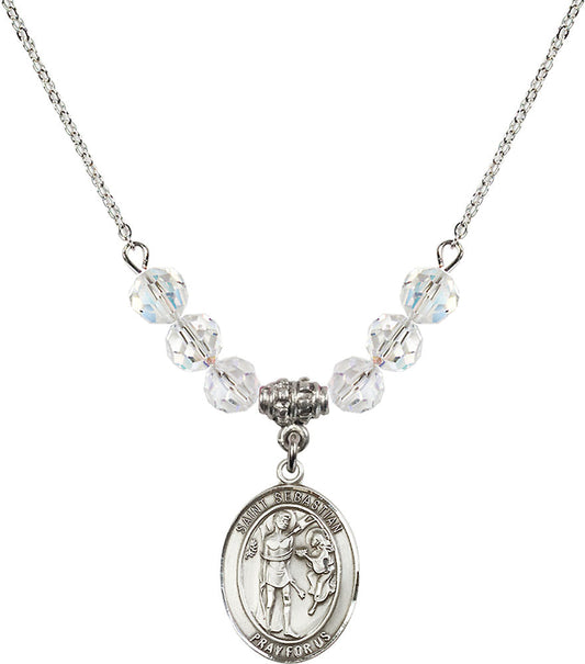 Sterling Silver Saint Sebastian Birthstone Necklace with Crystal Beads - 8100