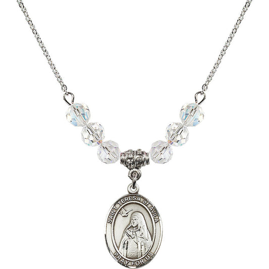 Sterling Silver Saint Teresa of Avila Birthstone Necklace with Crystal Beads - 8102