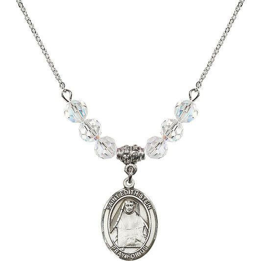 Sterling Silver Saint Edith Stein Birthstone Necklace with Crystal Beads - 8103
